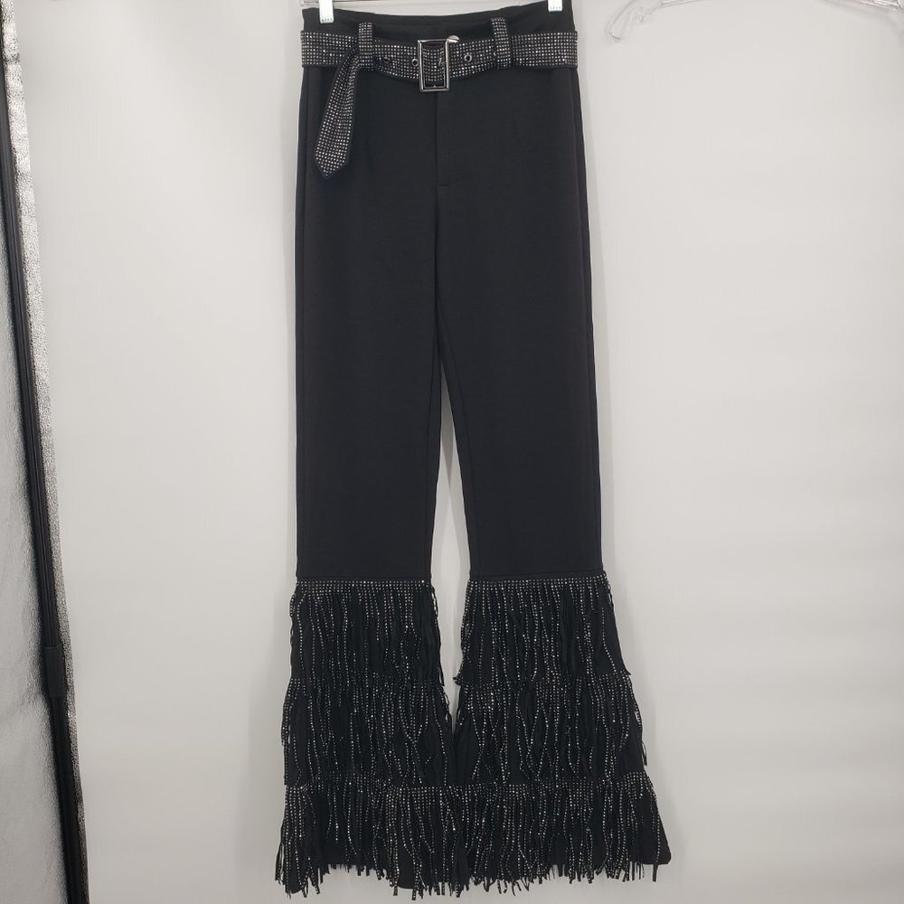 NYLON APPAREL Silver Sparkle Studded Fringe High Waist Western Cha Cha Pants NWT - Picture 5 of 13